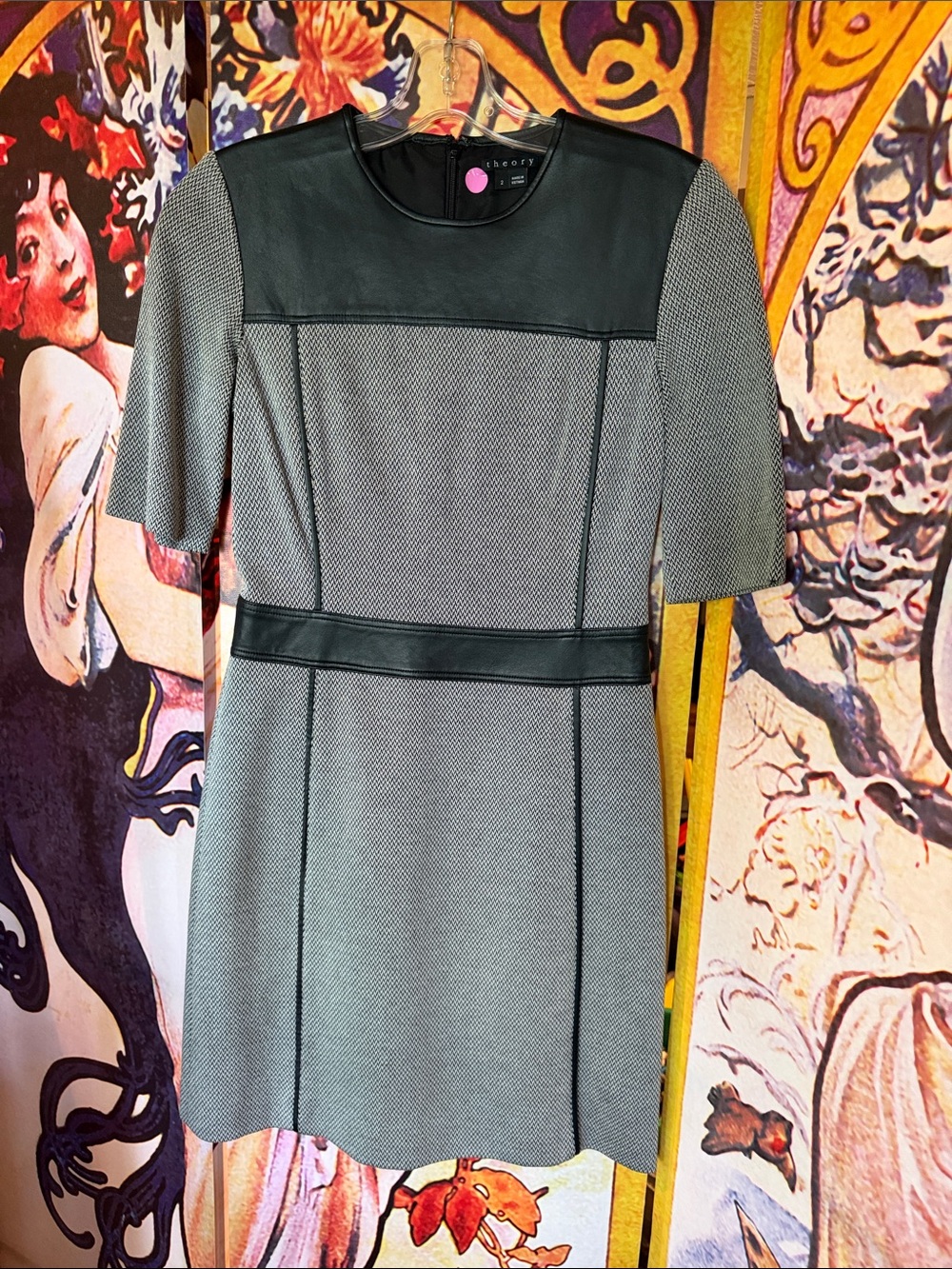 Theory Lamb Leather Trim Sheath Dress Size 2 Black & White Herringbone
